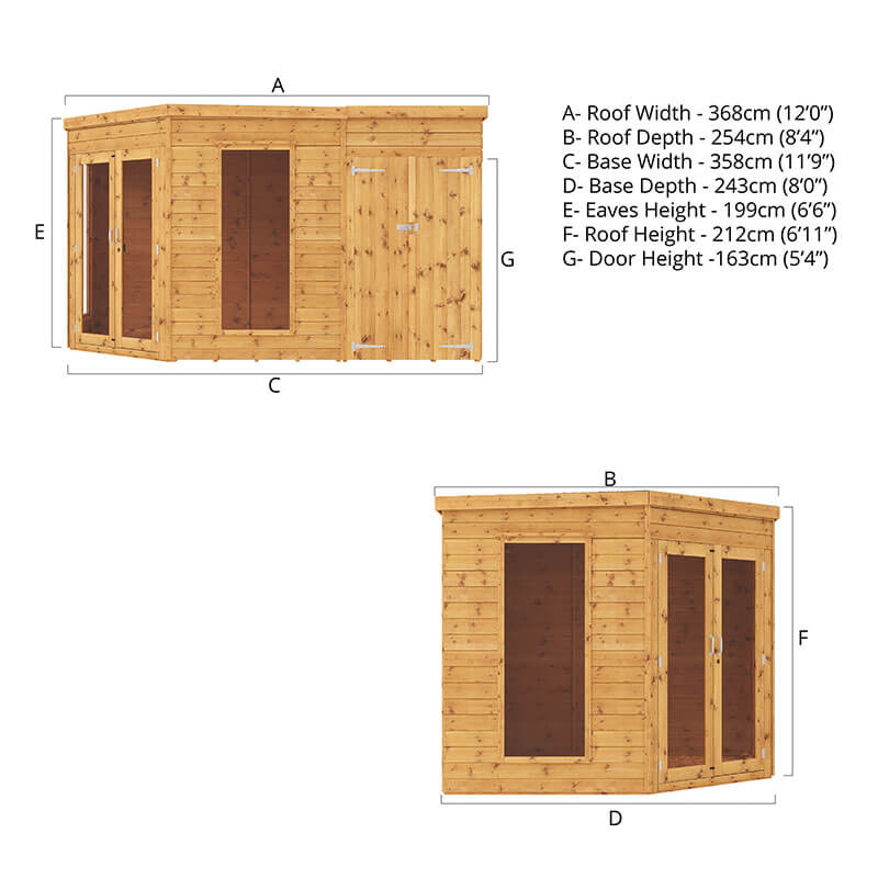 12' x 8' Mercia Premium Corner Summer House with Side Shed (3.6m x 2.6m) Technical Drawing