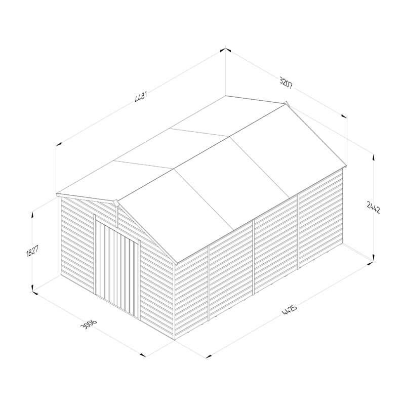 15' x 10' Forest Beckwood 25yr Guarantee Shiplap Pressure Treated Windowless Double Door Apex Wooden Shed (4.48m x 3.21m) Technical Drawing