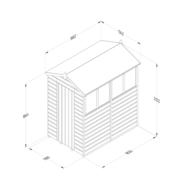 6' x 4' Forest Beckwood 25yr Guarantee Shiplap Pressure Treated Apex Wooden Shed - 4 Windows (1.88m x 1.34m) Technical Drawing