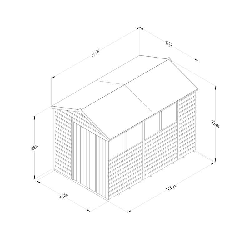 10' x 6' Forest Beckwood 25yr Guarantee Shiplap Pressure Treated Double Door Apex Wooden Shed (3.01m x 1.99m) Technical Drawing