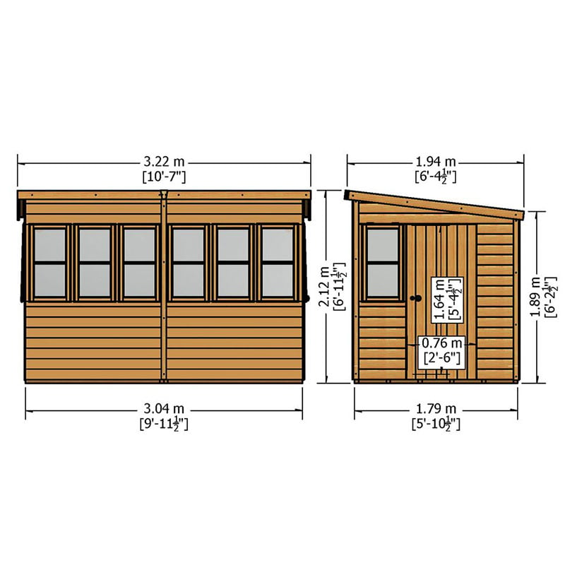 10' x 6' Shire Sun Pent Wooden Garden Potting Shed (3.22m x 1.94m) Technical Drawing