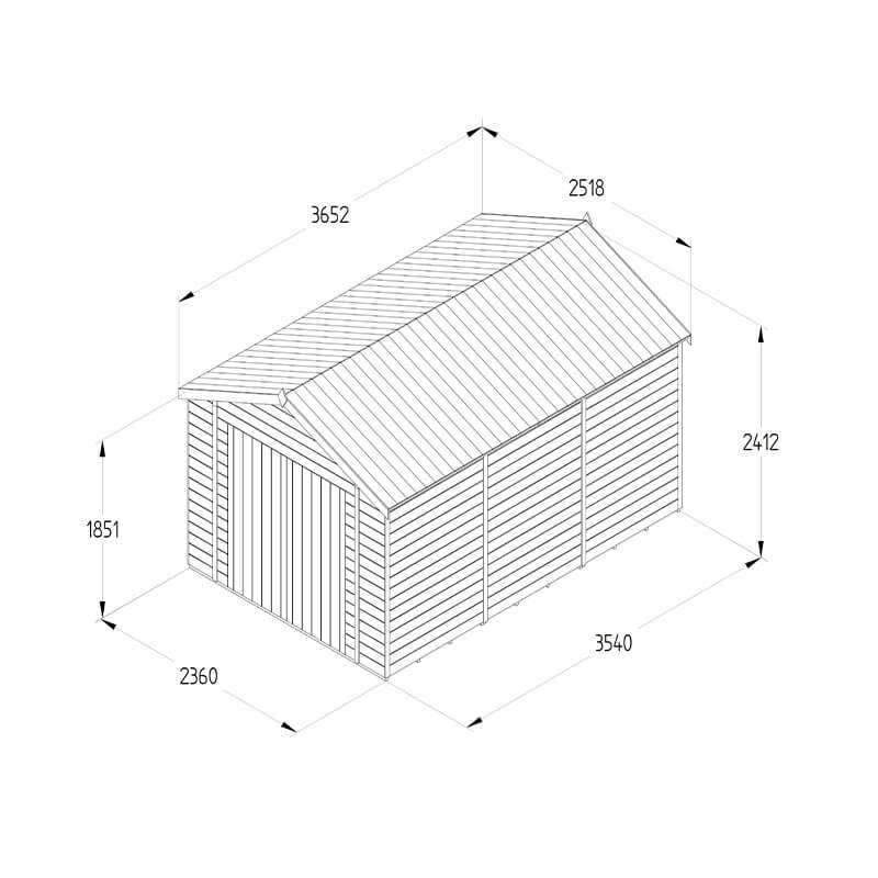 12' x 8' Forest Timberdale 25yr Guarantee Tongue & Groove Pressure Treated Windowless Double Door Apex Shed (3.65m x 2.52m) Technical Drawing