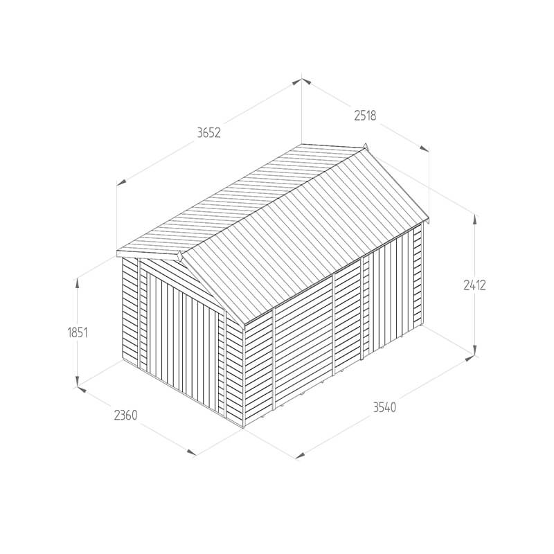 12' x 8' Forest Timberdale 25yr Guarantee Tongue & Groove Pressure Treated Windowless Double Door Combination Apex Shed (3.65m x 2.52m) Technical Drawing