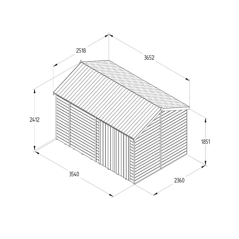 12' x 8' Forest Timberdale 25yr Guarantee Tongue & Groove Pressure Treated Windowless Double Door Reverse Apex Shed (3.65m x 2.52m) Technical Drawing