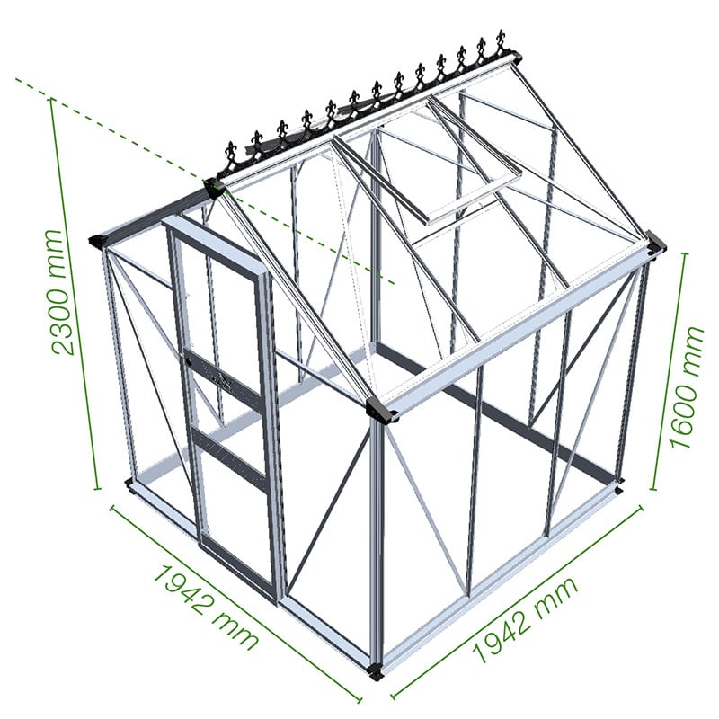 6' x 6' Halls Cotswold Burford Small Greenhouse with Toughened Glass (1.94m x 1.94m) Technical Drawing