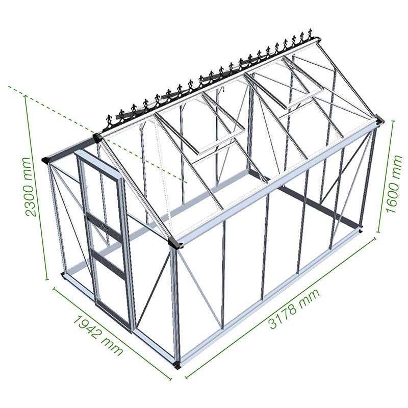 6' x 10' Halls Cotswold Burford Small Greenhouse in Black with Toughened Glass (1.94m x 3.17m) Technical Drawing
