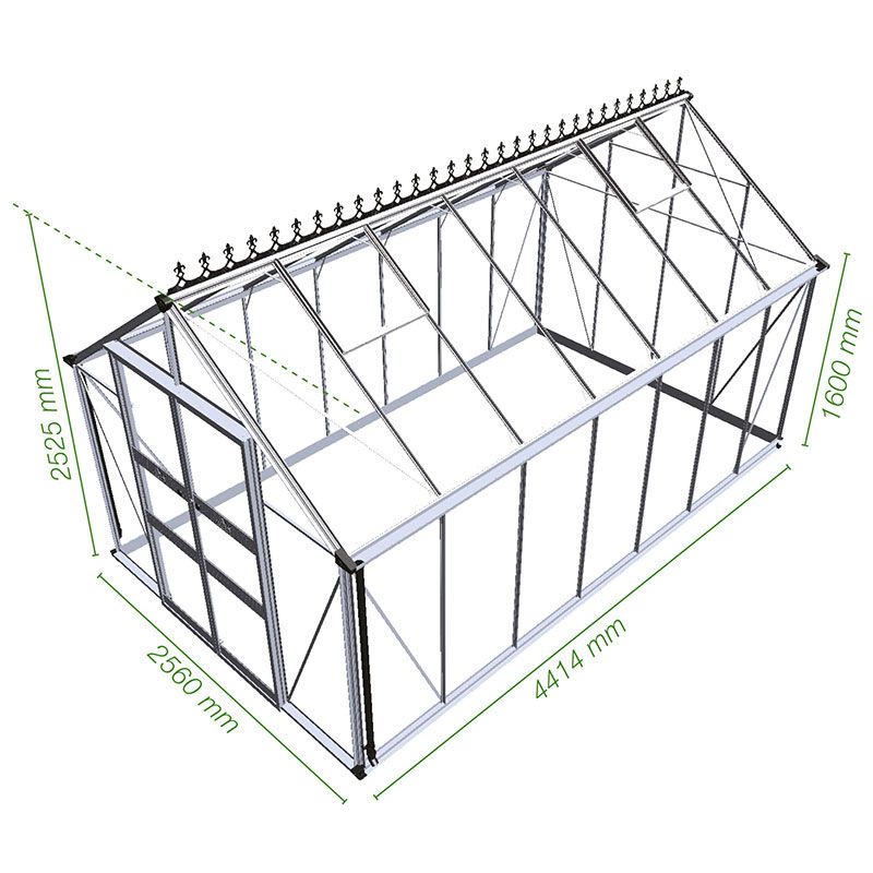 8' x 14' Halls Cotswold Blockley Greenhouse with Toughened Glass (2.56m x 4.41m) Technical Drawing