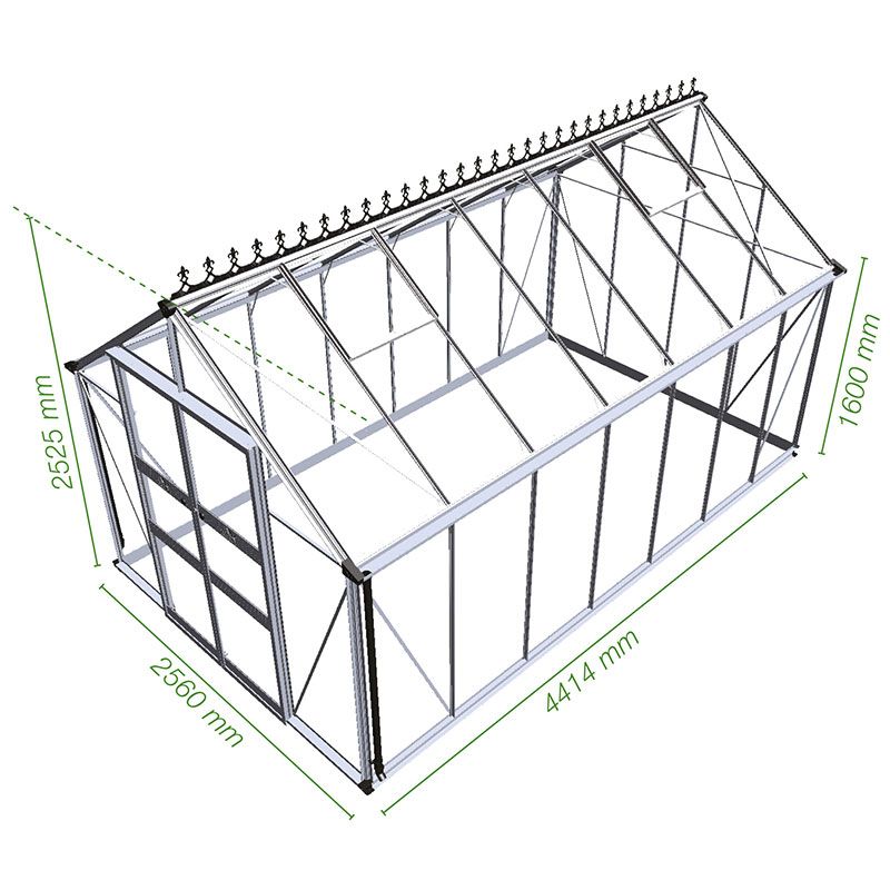 8' x 14' Halls Cotswold Blockley Greenhouse in Green with Toughened Glass (2.56m x 4.41m) Technical Drawing