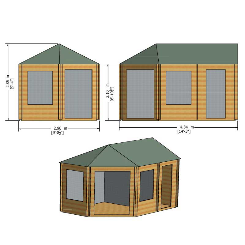 Shire Villandry 4.3m x 3m Corner Log Cabin Summerhouse (28mm) Technical Drawing