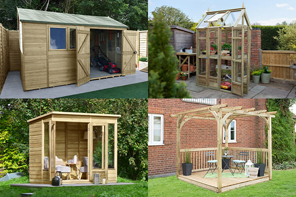 a wooden shed, greenhouse, summerhouse and decking kit