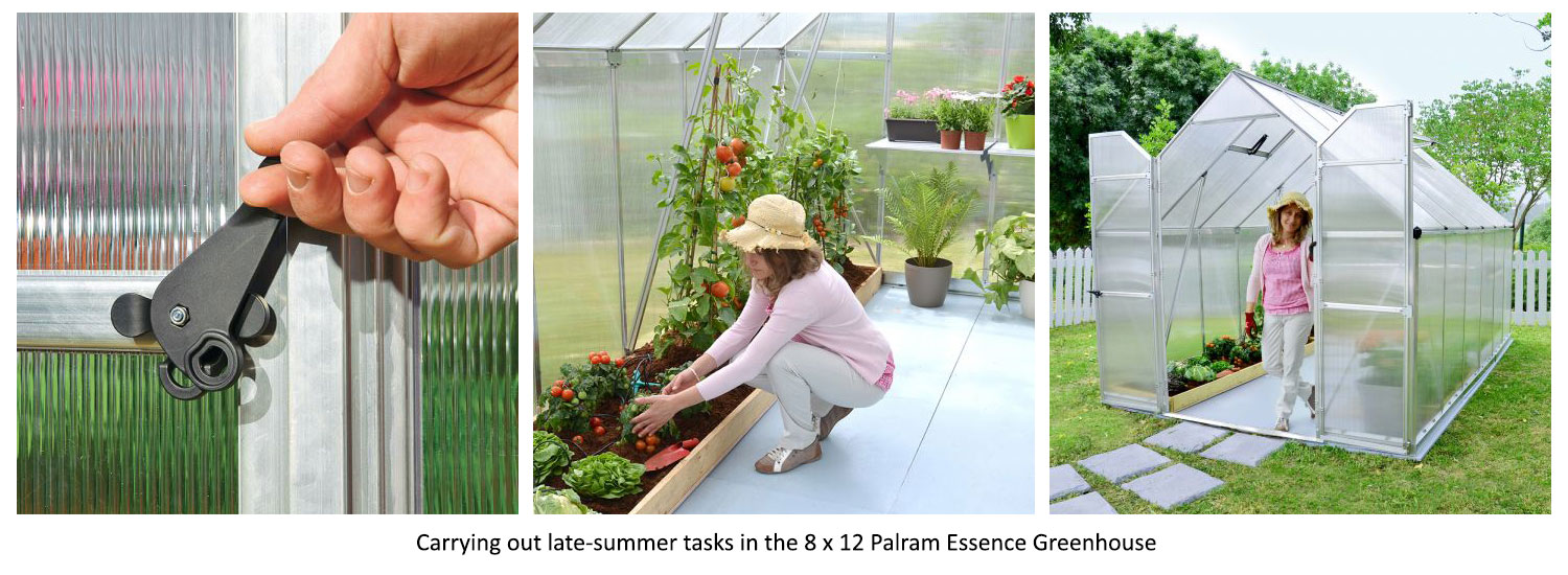 3 pictures of a woman working in the 8x12 Palram Essence Greenhouse