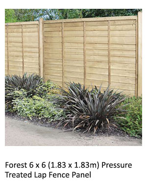 Part of a selection of pressure treated and dip treated fence panels in a variety of styles