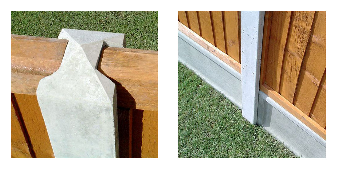 The top of a concrete fence post and the bottom of a concrete fence post, where it joins a gravel board. Both pictures are insitu with wood fence panels.