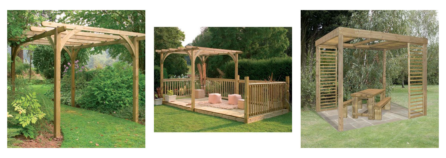 The Forest 7x7 Pergola Kit, a deck kit including pergola, and the Forest Florence Pergola with Side Panels sheltering a table and 2 benches
