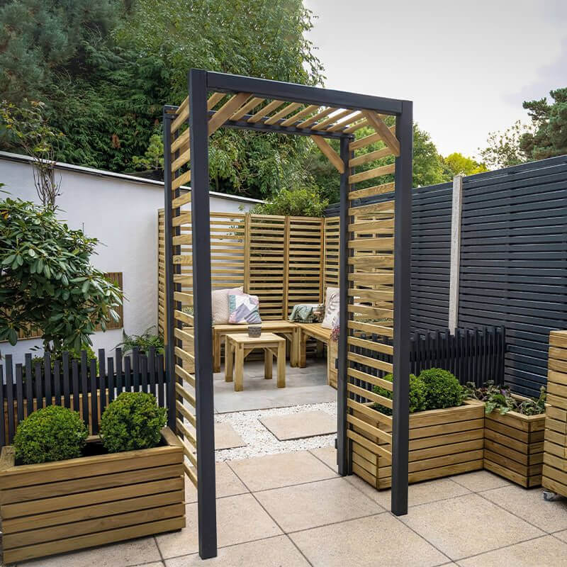 a slatted garden arch - the ideal pairing to our fencing decoration ideas
