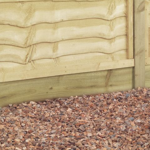 a light brown gravel board supporting a fence panel atop some pea gravel