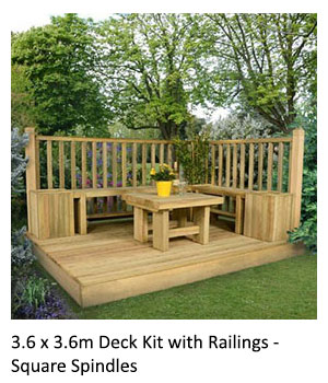 A table and yellow flowerpot sat on top of the 3.6 x 3.6m Deck Kit with Railings - Square Spindles