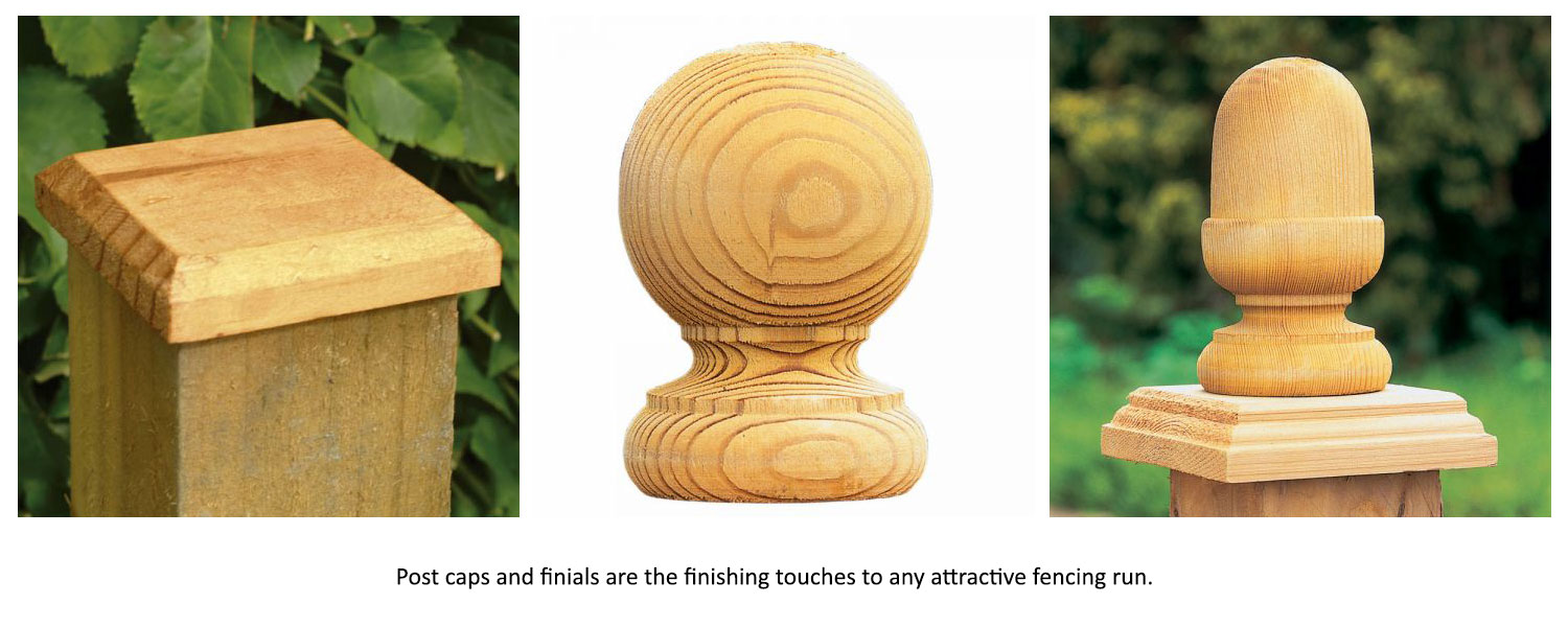 A square post cap, a ball finial and an acorn finial