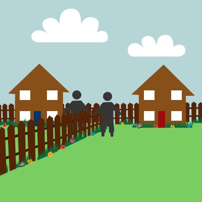 a cartoon drawing showing 2 neighbours chatting over a fence