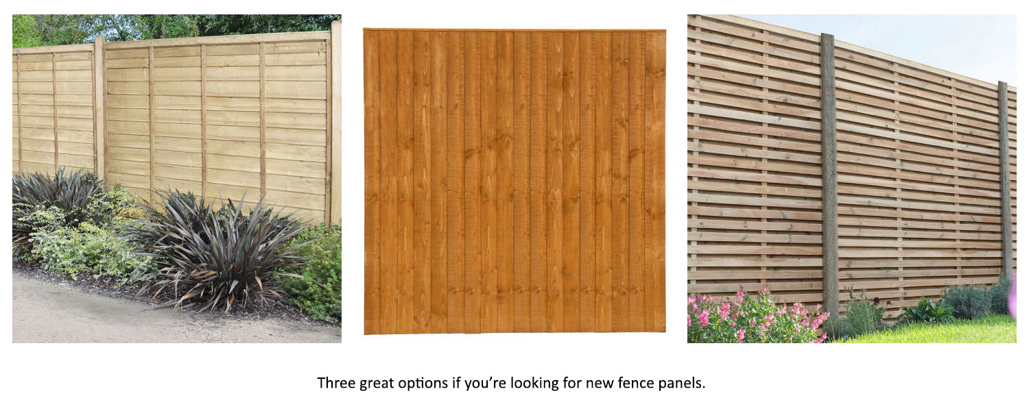 Three different fence panels: traditional overlap, featheredge and contemporary double-sided, slatted panels