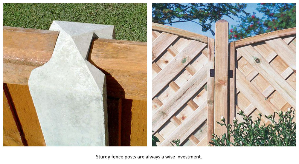 An h-slotted concrete fence post and a standard, pressure treated wooden post