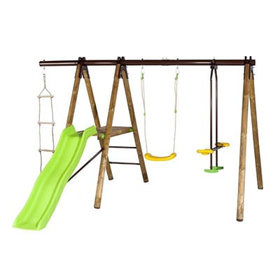 a kids garden playset including swing, slide, sky scooter and rope ladder