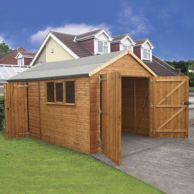 an extra-large wooden garage workshop shed
