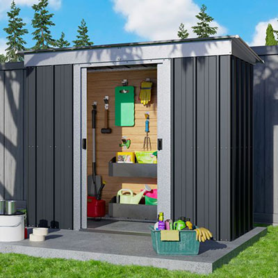 a grey metal shed with sliding double doors