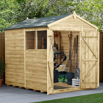 an 8x6 wooden garden shed with double doors and 2 windows