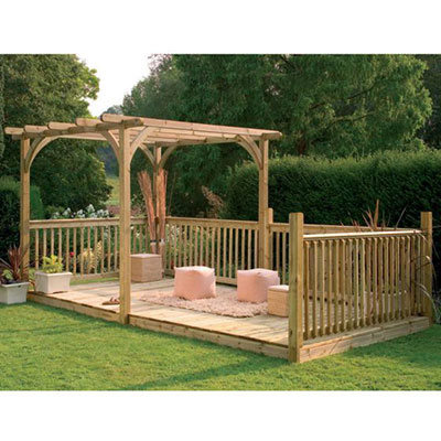 small planters, garden seats and a pergola on a wooden decking kit
