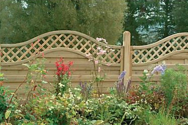 wooden fence panel with curved trellis top in front of pretty garden bed