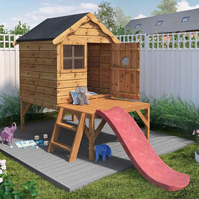a kids wooden tower playhouse with slide