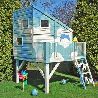 a wooden platform kids playhouse, painted blue and white