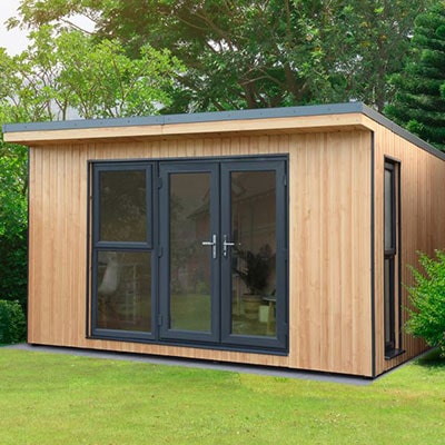 a luxury garden office with glazed double doors and 2 large windows