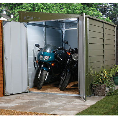 a green metal motorbike garage