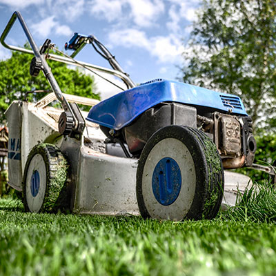 a close-up, at ground level, of a blue lawnmower