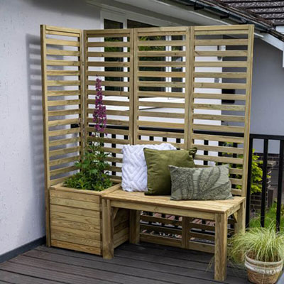 A modular garden seating set, including bench, planter and slatted panels