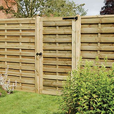 a modern garden gate and matching fence panels, all with horizontal slats and vertical battens