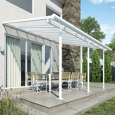 A 10x14 white garden canopy covering a table and chairs set.