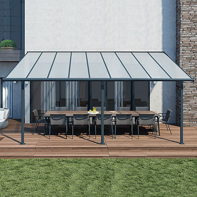 A 10x18 grey garden canopy covering a table and chairs, situated on a decked area.