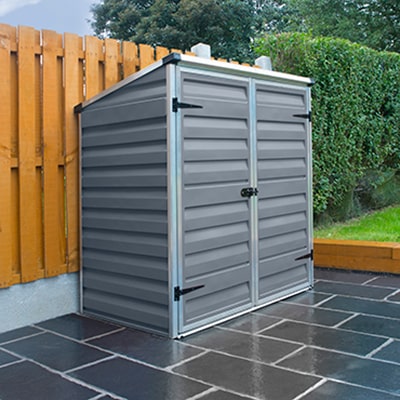 grey plastic shed with pent roof