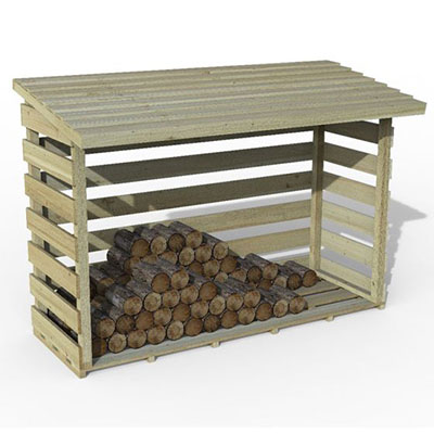 a logstore with a pent roof and slatted sides