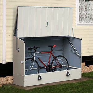 The 6x3 Trimetals Cream Protect-a-Cycle Secure Garden Storage, lid up, revealing a bicycle inside.