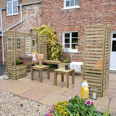 A modular garden seating set, including planters, tables, chairs and slatted panels