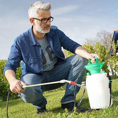 a man crouching down on a lawn, spraying weedkiller