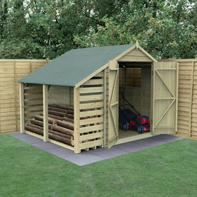 an 8x6 double door wooden shed with integral logstore