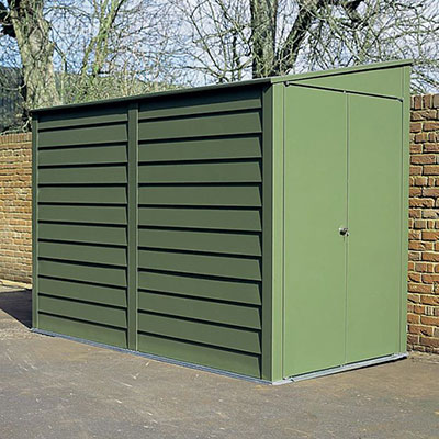 a very secure, green motorbike garage with a lean-to roof