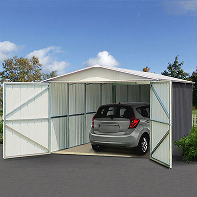 a metal garage with its double doors open to reveal a car
