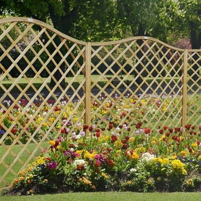 A run of diamond trellis fence panels with curved tops