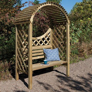 The Rowlinson Keswick Garden Arbour Seat 4x3, with a blue cushion and coffee mug on the seat.